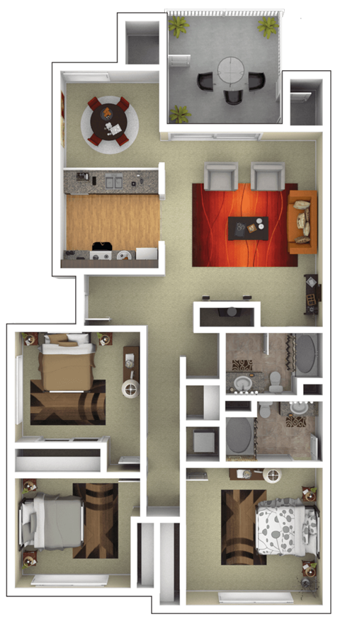 Floor plan for 3 beds, 2 baths, 1150 sqft
